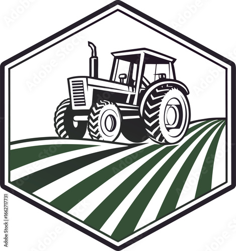 Vector of Classic tractor working on a striped field inside a hexagonal emblem.