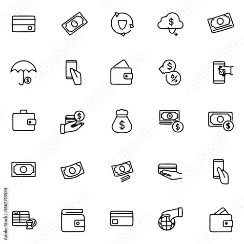 Modern finance icons illustrating cashless transactions, digital payments, and secure money management.