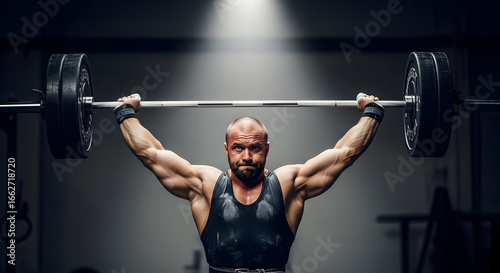 Strong muscular man lifting heavy barbell overhead during intense workout in gym fitness training session with focused expression and dark background