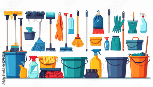 Flat vector set of cleaning supplies such as mop, broom, sponge, gloves, and detergent isolated on white background.