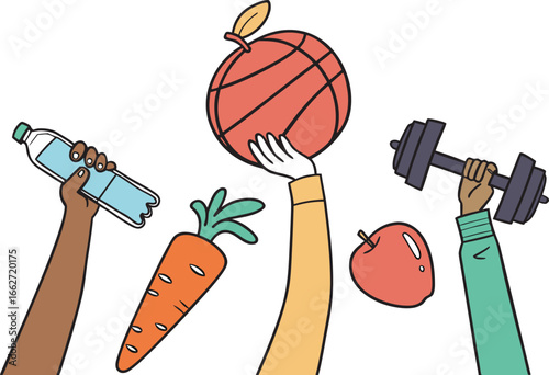 Vector of Diverse hands celebrate healthy living with sports nutrition and fitness elements.