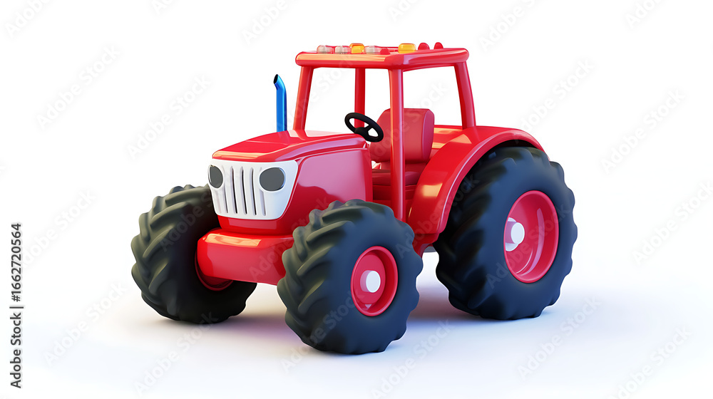 Obraz premium A cartoonish red tractor with large black tires and a white grill on a white background in a studio shot