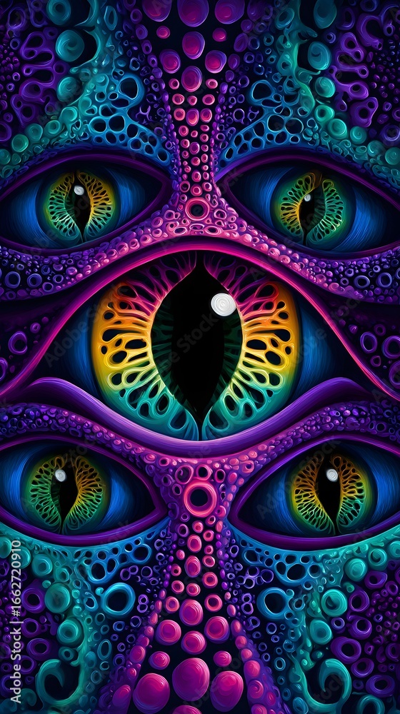 Naklejka premium Psychedelische Gesichter und Augen in leuchtenden Farben mit mystischer Symbolik
