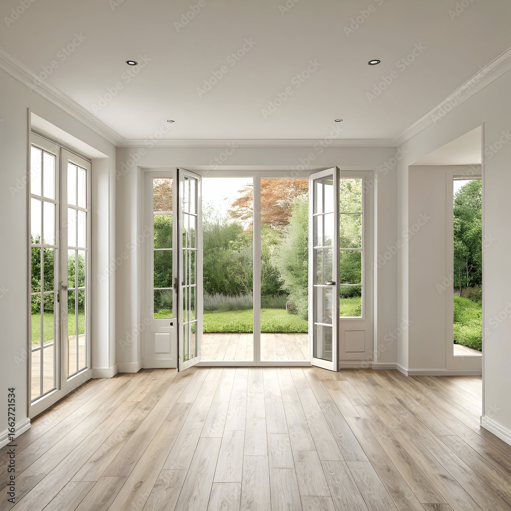 Fototapeta premium empty room with laminate flooring and French window