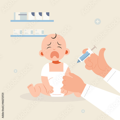 An illustration showing a crying baby during an immunization, highlighting the importance of vaccinations for infant health