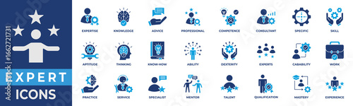 Expert Flat Icon Collection Set. Containing advice, competence, expertise, knowledge, skill, specialist, experience and more. Flat Vector Illustration.