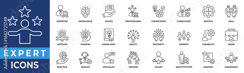 Expert Line Icon Collection Set. Containing advice, competence, expertise, knowledge, skill, specialist, experience and more. Line Vector Illustration.