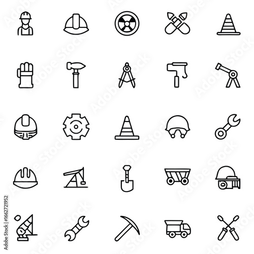 Collection of diverse construction and engineering tools and safety equipment icons.