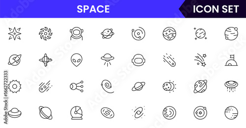 Space technology vector line icons featuring rockets, satellites, space stations, telescopes, planets, astronauts, orbits, launches, and cosmic exploration tools.