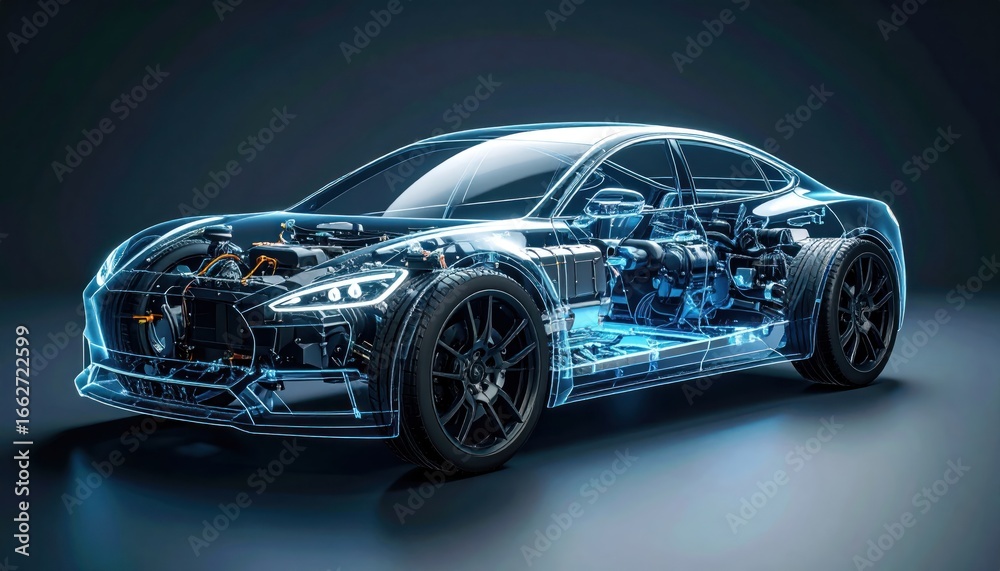 Naklejka premium Electric Car 3D Render with Technical View, Futuristic Design, and Dark Background.