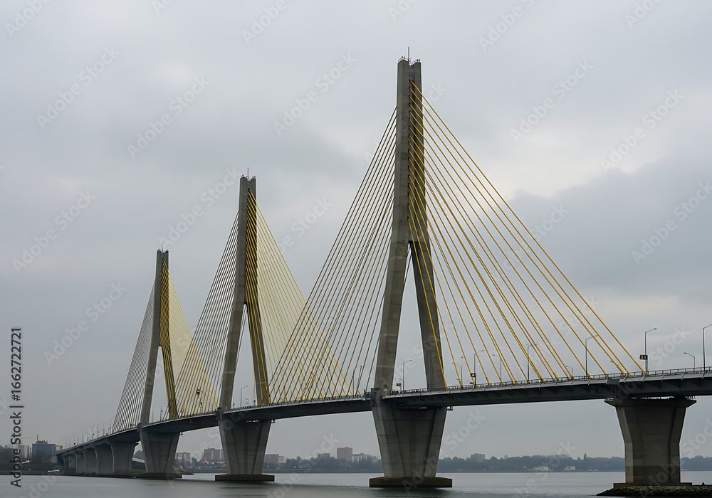 Obraz premium A modern cable-stayed bridge with yellow cables and concrete towers on a calm, gray day.