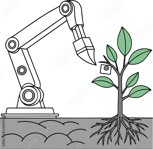 Vector of Robotic arm tends to a growing plant with a sensor attached.