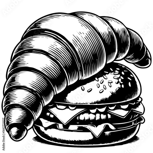 A monochrome illustration of a croissant resting atop a double cheeseburger with sesame seeds bun