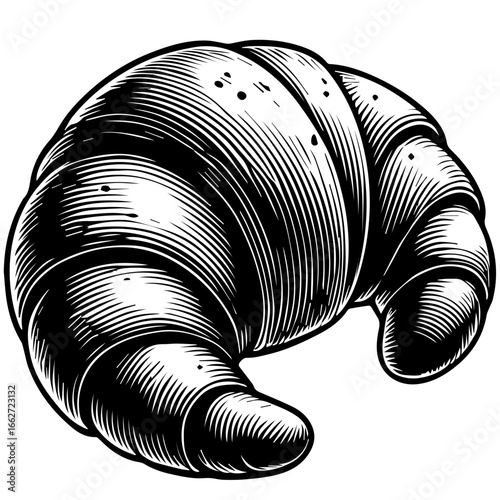 Illustration of a single croissant with detailed engraving style in black and white color palette