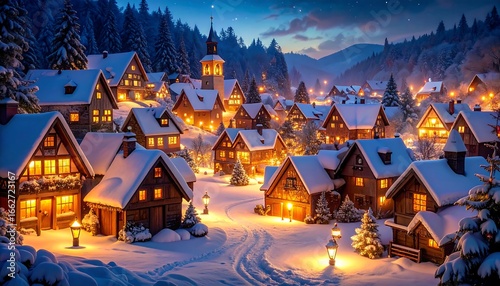 Snowy Village Night, Mountain Valley Scene