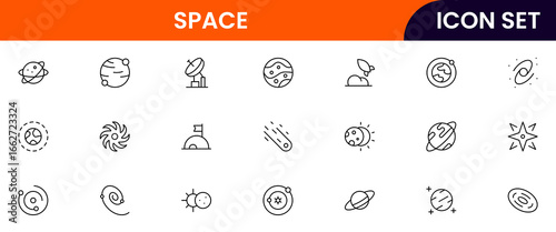 Space technology vector line icons featuring rockets, satellites, space stations, telescopes, planets, astronauts, orbits, launches, and cosmic exploration tools.