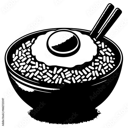 Illustration of a bowl of rice topped with a fried egg and chopsticks resting on the side food art