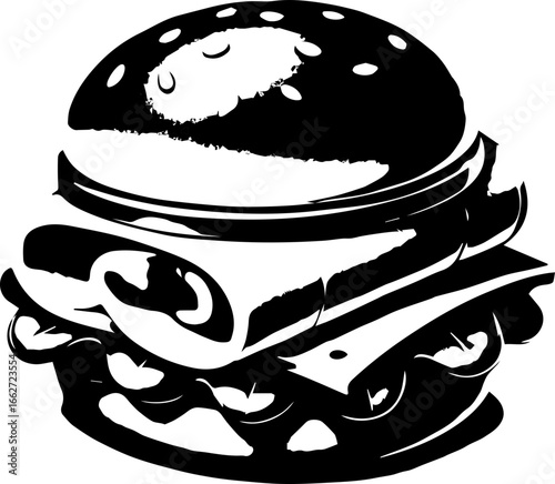 Illustration of a large hamburger with cheese and lettuce in black and white color scheme drawing