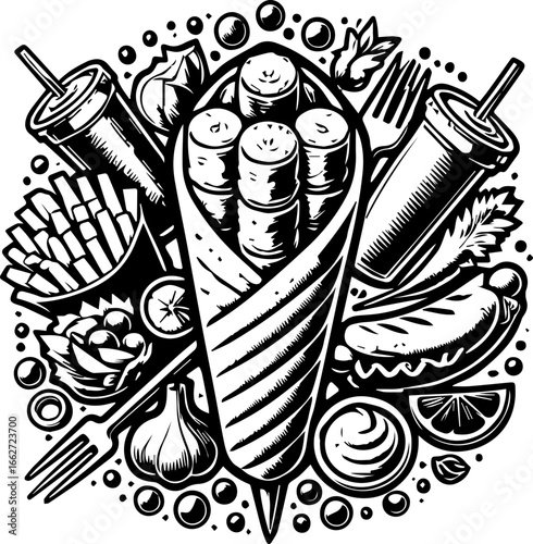 Detailed black and white illustration of a shawarma surrounded by fast food items and condiments