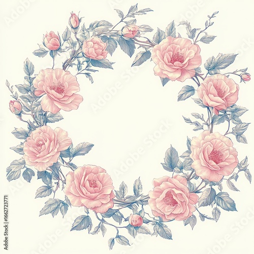 Delicate circular wreath of soft pink blooming roses with green leaves and small rosebuds on light background, elegant floral arrangement