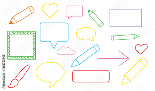 Drawing lines, arrows, speech bubbles, pencil highlighter and paintbrush icons with cartoon heart shape and marker pen elements. Vector illustration.