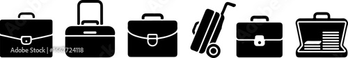 A collection of black and white briefcase icons including a rolling suitcase and open briefcase