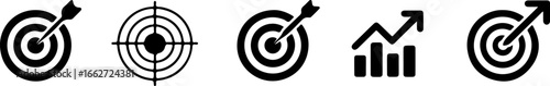 Various black and white icons depicting targets arrows and a rising bar graph on a white background
