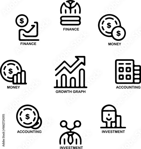 Collection of finance accounting money growth and investment icons in black and white style layout