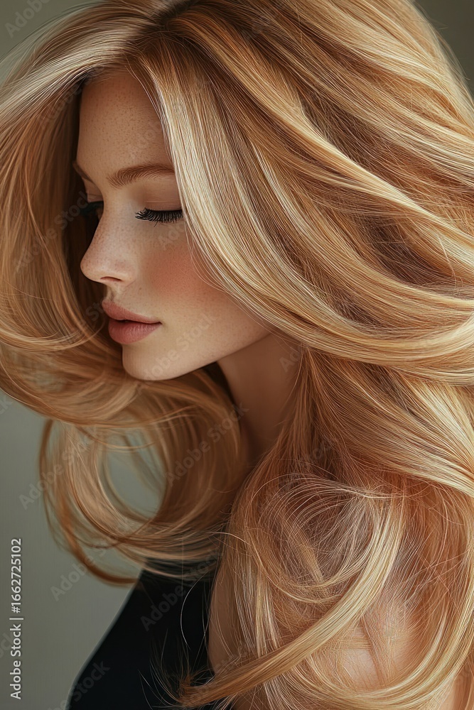 Naklejka premium Close-up side profile of a serene young woman with long flowing blonde hair and soft natural makeup