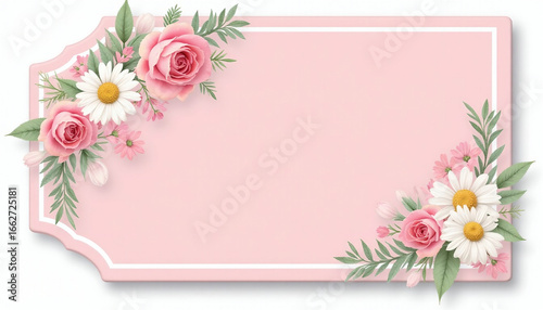 Floral label design with pink background and white daisy accents  