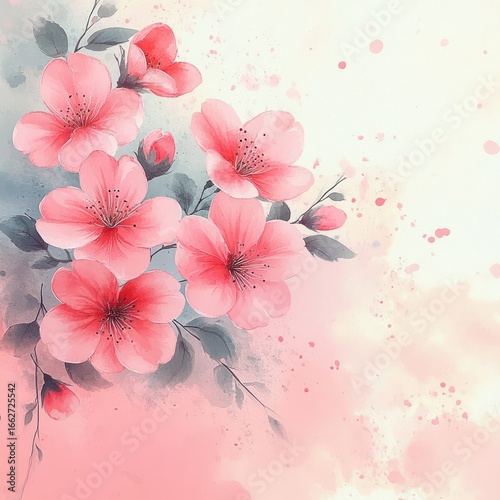 Delicate pink watercolor flowers with soft green leaves and subtle splashes on a light background radiating gentle beauty and calmness