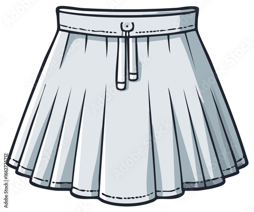 A simple pleated mini skirt with a drawstring waistband in a cartoon style sketch