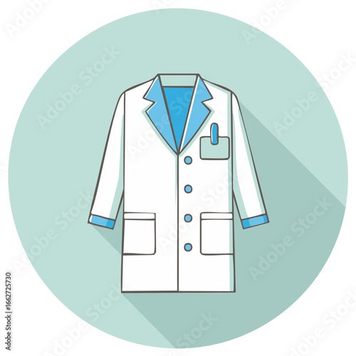 Simple illustration of a white doctor's lab coat with blue accents and pockets