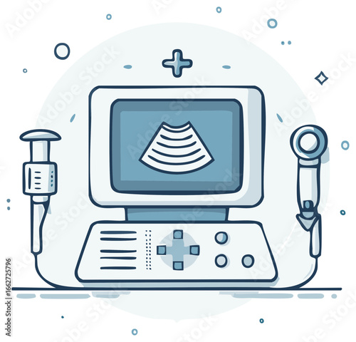 Healthcare Diagnostic Ultrasound Equipment Line Art for Medical Checkups