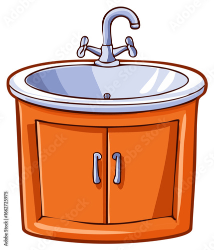 Cartoon style orange bathroom vanity with washbasin and chrome faucet