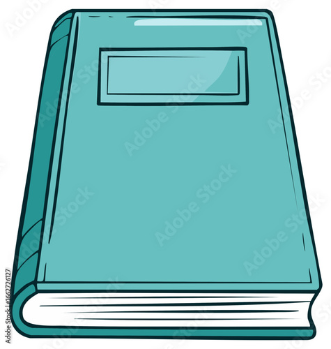 Illustration of a closed teal book with a blank label or title place holder on its cover