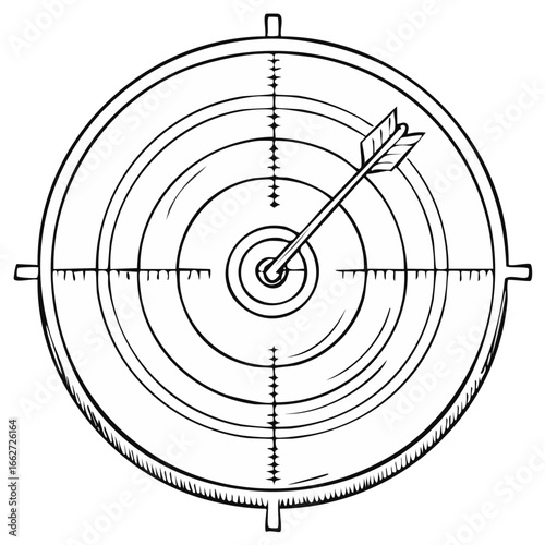 Hand drawn illustration of an arrow hitting the bullseye of a target with scope crosshairs