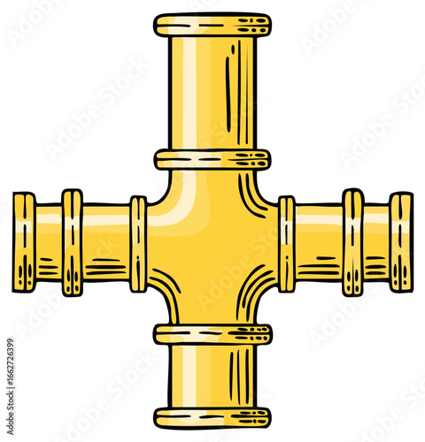 Gold four-way pipe fitting illustration, cartoon plumbing pipes, connector, metallic tubes, plumbing system