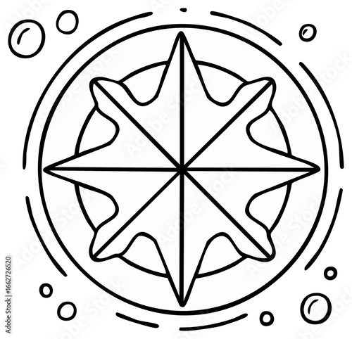 Nautical Compass Rose with Bubbles Decorative Circular Line Art Illustration