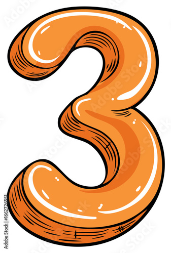 Isolated orange number three illustration with black outline on a white backdrop, playful cartoonish design