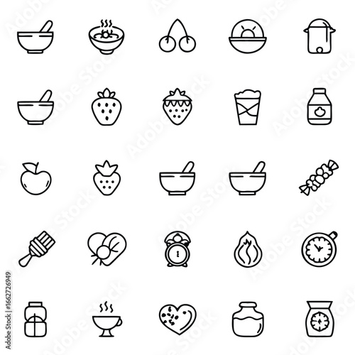 A collection of simple, clean line icons representing food, health, and wellness.