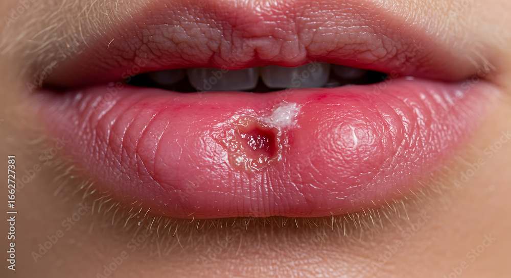 Obraz premium Close-Up of Chapped Lips with Cold Sore For medical sites, skincare blogs, and lip care product advertisements.