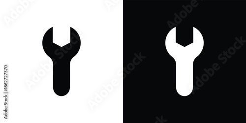 Wrench Silhouette Icon Set, Black Spanner Isolated on White and Black Background