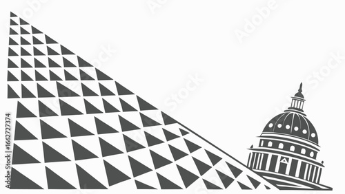 Illustration featuring a building dome and triangle pattern in black and white, evoking a retro vintage style design isolated on white background