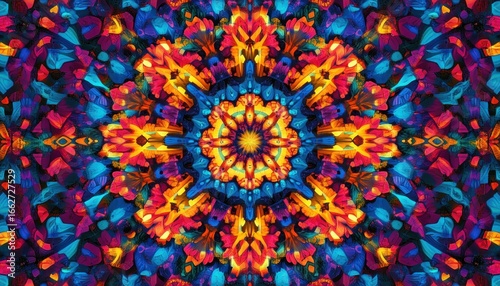 Wallpaper Mural Vibrant symmetrical kaleidoscopic pattern with vivid blue, orange, yellow, and red petal-like shapes radiating from central star-like design, creating energetic and lively mood Torontodigital.ca
