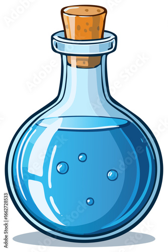 Cartoon elixir potion in glass bottle with cork stopper, blue liquid and bubbles