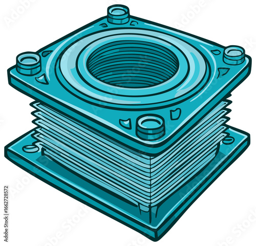 Isometric cartoon illustration of a flexible bellows mechanical component with a square flange and threaded hole
