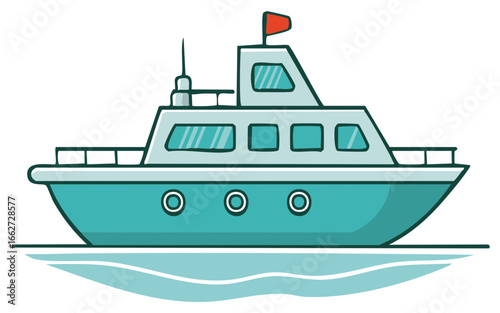 Cute simple cartoon motorboat illustration with small red flag and teal hull