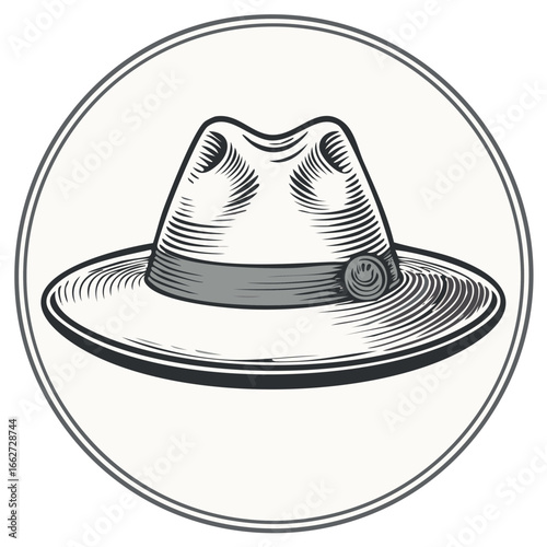 Vintage Fedora Hat Graphic Illustration in a Circle with a Smiling Face