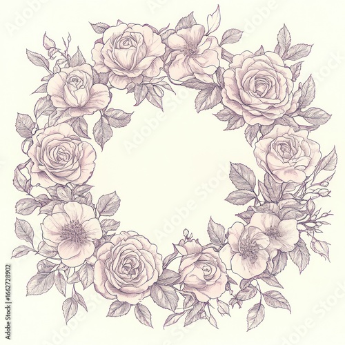 delicate hand-drawn wreath of blooming roses and leaves intricately arranged in a soft, elegant circular frame with fine detailed linework